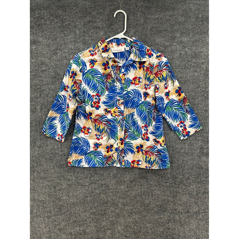 Breckenridge Button Up Shirt Womens PM Blue Tropical Floral 3/4 Sleeve Excellent